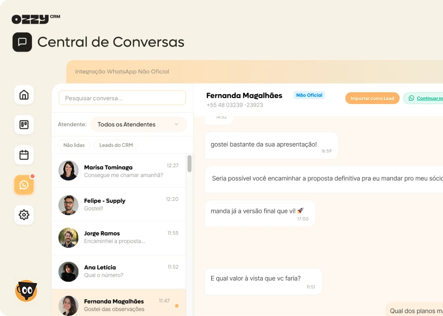 Central de Conversas do Ozzy CRM, com a lista de conversas do WhatsApp e o histórico do contato