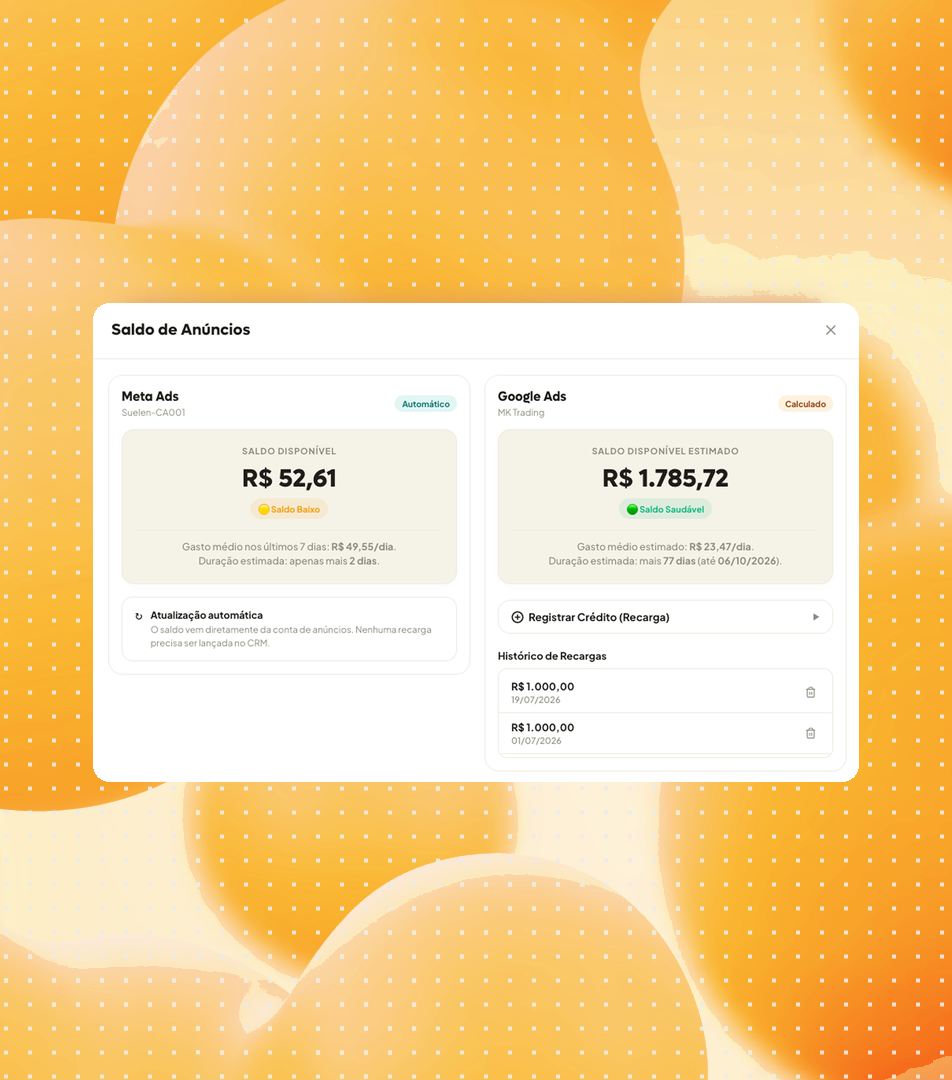 Saldo disponível das contas de anúncio, com histórico de recargas